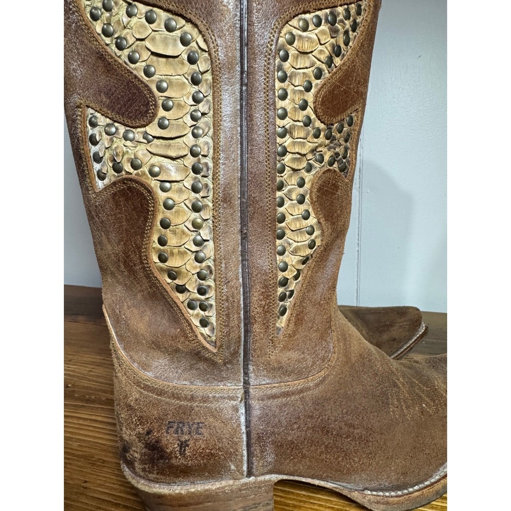 Frye Brown Leather Studded Western Heeled Boots - Picture 3 of 16